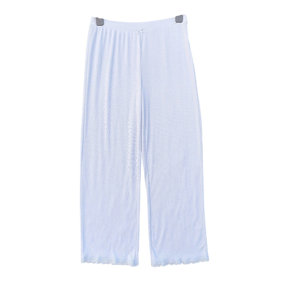 Cute Ribbed Pajama Pants Women‎ XL Blue Lace Trim Bow Cozy Lounge Sleep Soft